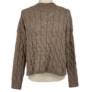 QED London Cable Knit Mock Neck Long Sleeve Sweater Oatmeal Size Medium Slit Hem